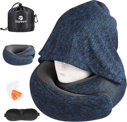 Travel Pillow - Hooded Neck Pillow Airplane Memory Foam Filling