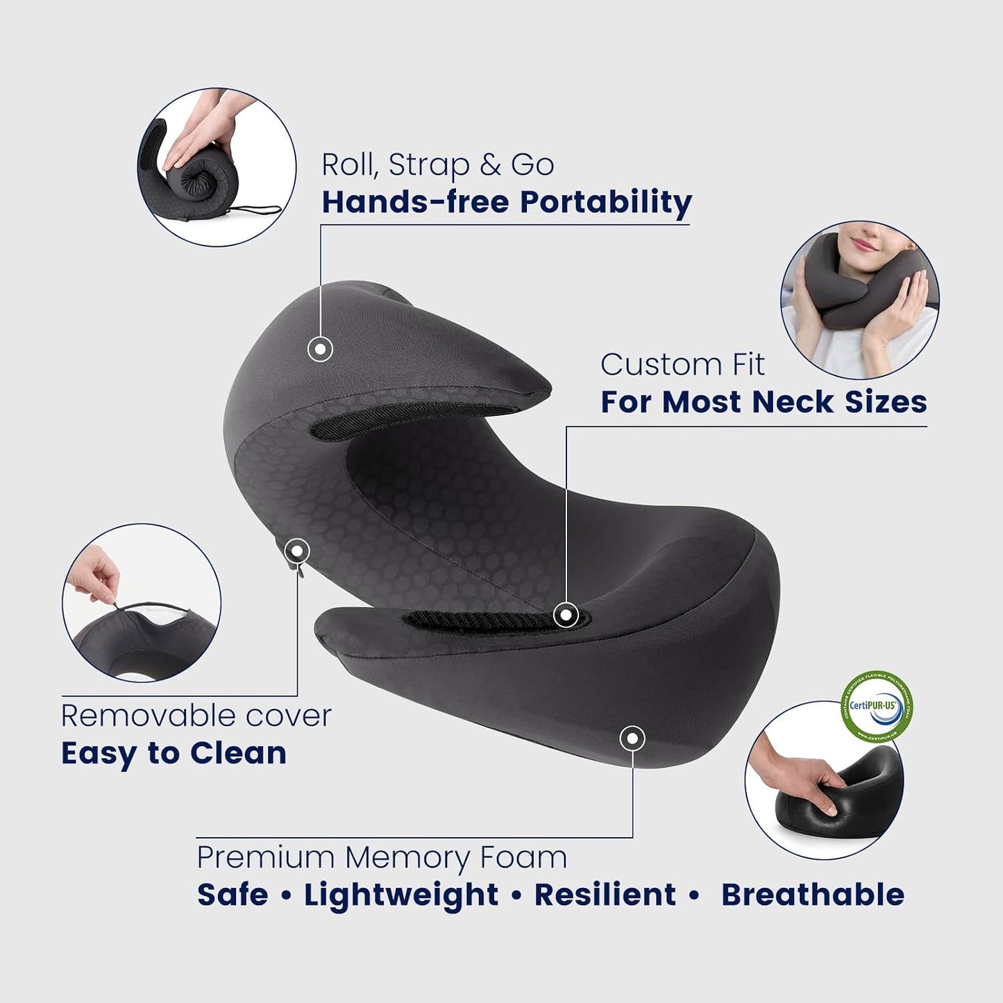 ® Memory Foam Travel Neck Pillow for Airplanes, Charcoal Gray