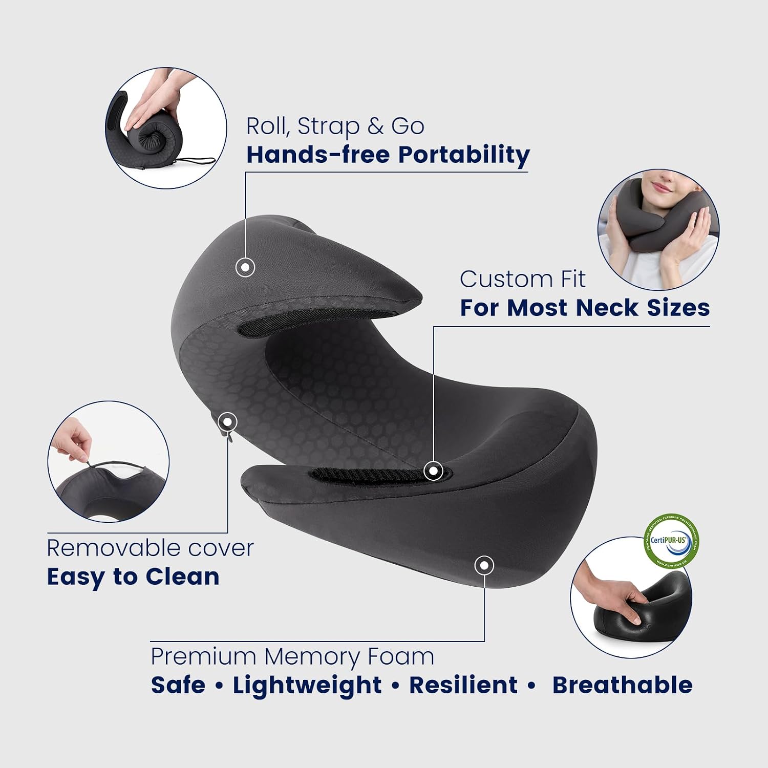 ® Memory Foam Travel Neck Pillow for Airplanes, Charcoal Gray