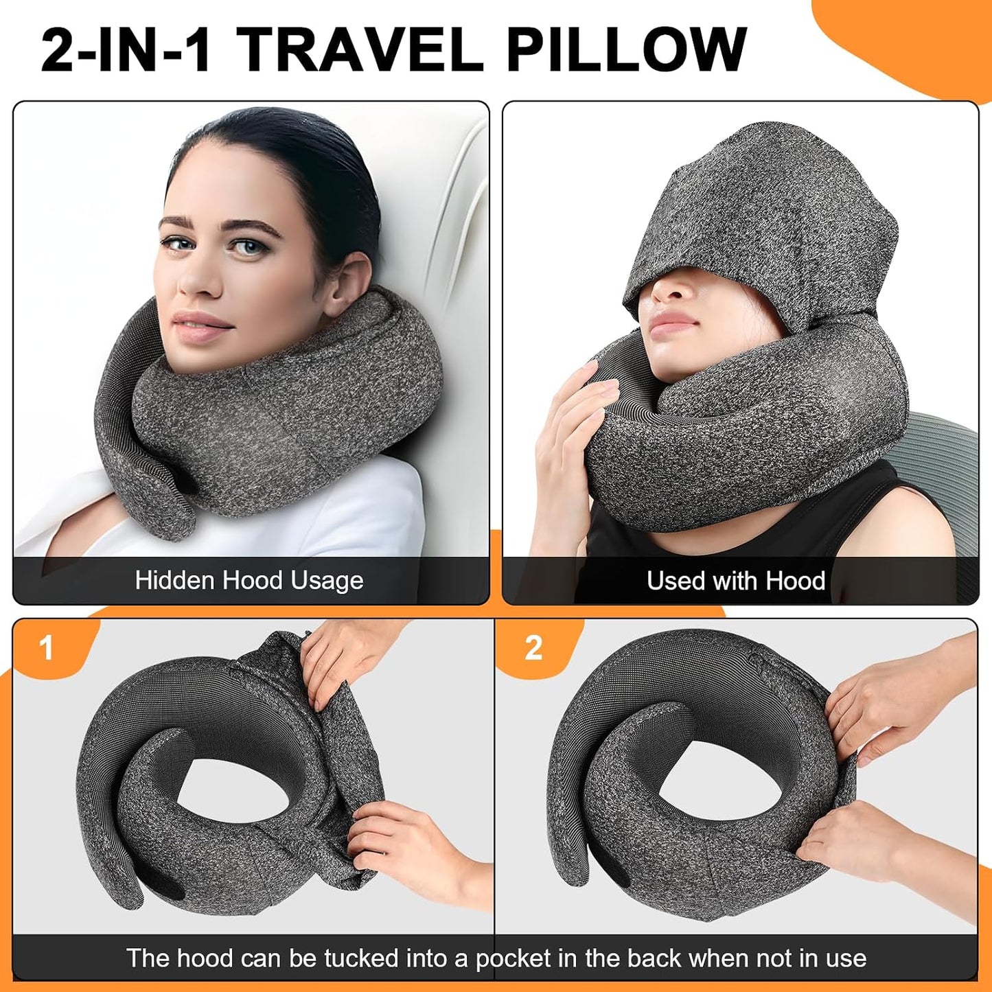 Travel Pillow - Hooded Neck Pillow Airplane Memory Foam Filling
