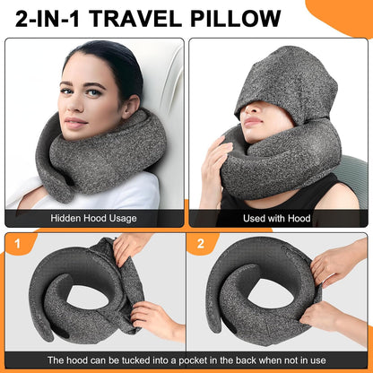 Travel Pillow - Hooded Neck Pillow Airplane Memory Foam Filling