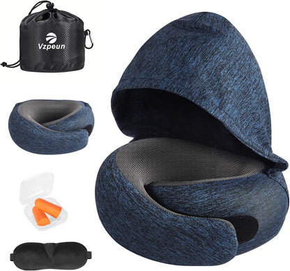Travel Pillow - Hooded Neck Pillow Airplane Memory Foam Filling